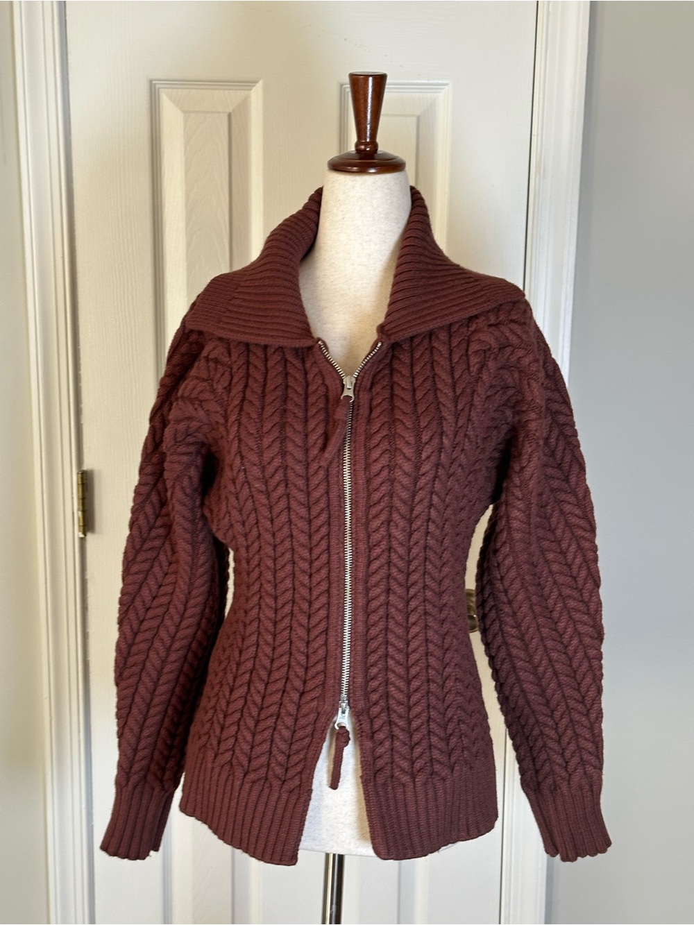 Maeve Hourglass Two way Cable-Knit Zip Cardigan Sweater - Brown - Picture 8 of 12